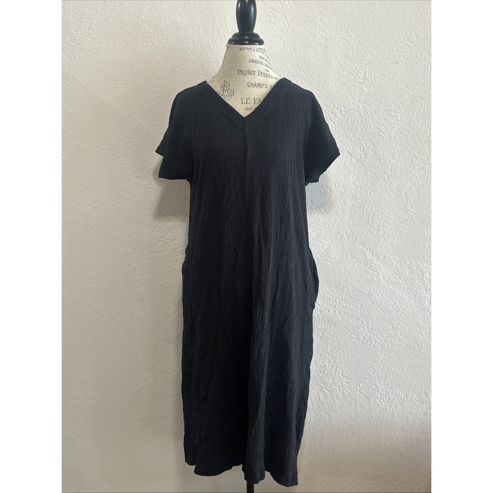 Lands End Black Cotton Gauze V-Neck Midi Dress Short Sleeve Pockets Medium 10-12